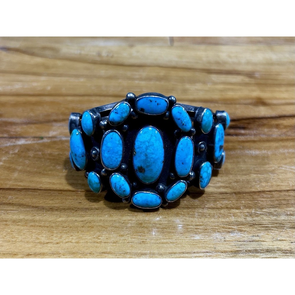 Signed Navajo Phil Tso Sterling Silver‎ Turquoise Cluster Cuff Bracelet